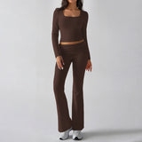 Dili 2025 Autumn And Winter Pure Color Casual Knitted Long-Sleeved Top Yoga Suit Two Pants Set
