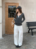 Korean V-Neck Pocket Zippered Striped Long-Sleeved Jacket 2026 Early Autumn New Loose Short Top Cardigan Woman