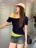 Spice Girl Style Strabismus Collar Off Shoulder Fake Two Stitched Design Short-Sleeved T-Shirts For Summer Super Fire Age Repair Body