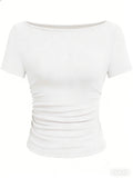 Hottie Solid Color Boat Collar Horn Sleeve T-Shirt Girl 2025 Autumn Dress Folds Thin Tops Long Sleeve