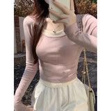 Pink U Collar Pure Lustful Wind Fake Two Long-Sleeved T-Shirt Women's Autumn And Winter Design Sense Of Irregular Color Repair Inside The Top