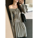 Temperament Suit Tied With Long-Sleeved T-Shirt On The Shoulder Of The Female Autumn High Waist Hanging Half Skirt Dress Two Sets