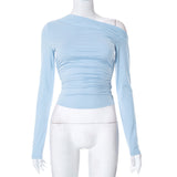 2025 Slanted Shoulder Asymmetrical Solid Umbilical Umbilical Top Long Sleeve Splicing Design