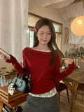 Christmas Red Corner Out Of The Shoulder Pure Lust Lace Splicing Long Sleeve Bottom Shirt Women In Autumn And Winter Inside And Outside Wearing A Beautiful Top