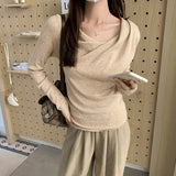 French Collar Long Sleeve Bottom Knitted Shirt Women's Autumn Side Folded Waist Inclined Angle Shoulder Sweet Spicy Chic Inside The Top
