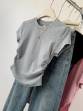 Grey Shoulder Short-Sleeved T-Shirt Summer Dress 2025 New Folds To Collect Thin Cotton Jersey Top