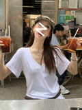 Short-Sleeved Women Summer Half-Sleeved Solid Dress Basic Sample Coat V Collar Loose Thin Shoulder T-Shirt Girl