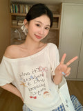 Korean Ins Wind Hand-Painted Graffiti Print Slanted Shoulder Short-Sleeved T-Shirt For Girls Summer Leisure Crooked Nice Little Blouse