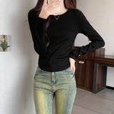 Dark Gray Long-Sleeved Mask T-Shirt Women's Autumn And Winter New Bottom Wrinkle Waist Solid Color Collar Age Reduction Top