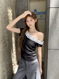 Korean Slanted Shoulder-To-Shoulder Wooden Ear Design Sense Short-Sleeved T-Shirt Women 2026 Summer New Slim Slim Top