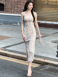 Pure Sexy Floral Sling Dress Women's Summer Open-Fork Mesh Long Skirt Temperament Slim Thin Bag Hip Skirt
