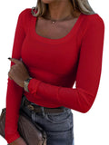 2025 Thread Pit Strips Long Long-Sleeved Square Collar T-Shirt Elegant Short Sleeves