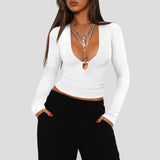 Y2K Dress Wearing Hollow Deep V-Neck Long Sleeves Shoulder T-Shirt Women's Tight Waist Design Top