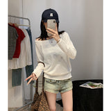 White Word Shoulder Collared Sexy Oblique Shoulder Dress 2026 Early Autumn Loose Lazy Temperament Long-Sleeved T-Shirt