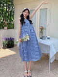 White Blue Lattice Sleeveless Vest Dress Women's Summer Korean Casual Style Relaxed Mid-Sized Holiday Dress