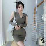 Pure Style Hottie Hooded Long-Sleeved Dress Woman Autumn Waist Temperament Design Feel Tying Strap To The Hip Skirt