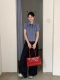 Fashion Retro Blue Plaid Short Sleeve Loose Shirt For Women's Summer New Bubble Sleeves Collar Sweet Top
