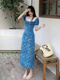 French Collar Lace Spliced Blue Floral Dress Dress Women's Summer 2026 New Holiday Style Waist Dress