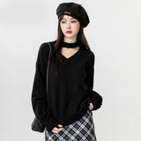 2025 Autumn And Winter New Black V-Neck Sweater Women In The Spring And Autumn With Long Sleeve Bottom Shirt Outside Wearing Hanging Neck Knitting Tops
