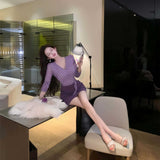 Purple Wave Pseudo Two Dresses Women's Spring And Autumn Long Sleeves Waist Skirt Royal Sister Style Temperament Sexy Ass Skirt