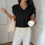 Dili Leisure Vacation Deep V Solid Color Short Sleeve Sweater Women's Winter 2025