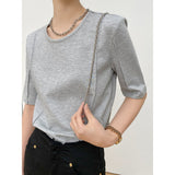 Spring And Summer T-Shirt Tiansi Roman Middle Sleeve Women's Short-Sleeved Design Sense Half-Sleeved Collar Top Free Of Ironing Five-Sleeve