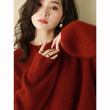 Red Bright Silk Knitted Women's 2025 Autumn And Winter New European Goods High-End Thickened Lazy Bottom Sweater Retro Top