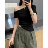 New Short-Sleeved T-Shirt In The Summer Of 2025, Hot Girls With Thin Shoulders Slimming Temperament Blouse Sexy Bottom Shirt