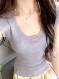 Korean Version Of The Solid Color Ice Silk Knitted U Collar Short-Sleeved T-Shirt Girl Summer Thin Thinch Waist Thin Simple Temperament Blouse