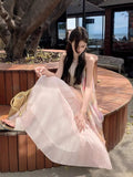 French Atmosphere-Sensitive Oil Painting Sling Dress Women's 2026 Summer New Seaside Wind Fold Mesh Dress