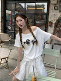 Dachshund Printed Oblique Shoulder Design Short-Sleeved T-Shirt For Women's New Open Shoulder Loose Top In The Summer Of 2026