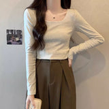 Vintage Low-Neck Shoulder Long-Sleeved T-Shirt Women Early Autumn New Design High Waist Display Thin Short Inside The Bottom Top