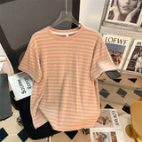 2025 New Summer Striped Short-Sleeved T-Shirt Girl Chic Loose Korean Version Of The Right Shoulder Reduction Body Blouse Ins