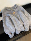 Lazy Wind Bull Horn Buckle Gray Collar Sweater Women Early Spring Large Fat Mm Shoulder Sleeves Thin Knitted Shirt