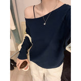 Tibetan Blue Babes Sexy Oblique Shoulder Long-Sleeved T-Shirt Girl With Shoulder Early Autumn Lazy Wind Loose Thin Shoulder