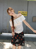 Pure Lustful Wind Shoulder-To-Shoulder Sexy Lotus Side Short-Sleeved T-Shirt Girl Summer New Waist Draw Folds Thin Top