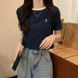 Design-Sensitive Small Embroidered Short-Sleeved Top Women 2026 Summer New Waffle Round Collar Straight Shoulder T-Shirts