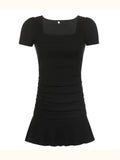 French Summer Vintage Square Temperament Bag Fishtail Short Skirt Hot Girl Black Thin Lotus Leaf Side Dress Girl