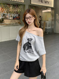 Korean Flower Gray Puppy Letter Print Oblique Shoulder Short-Sleeved T-Shirt Women's Summer New Fashion Top