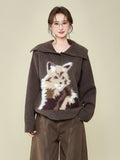 Brown Puppy Plush Collar Long-Sleeved Knitted Sweater Coat In Autumn And Winter Bottom With Thicker Warm Tops For Women