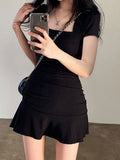 French Summer Vintage Square Temperament Bag Fishtail Short Skirt Hot Girl Black Thin Lotus Leaf Side Dress Girl