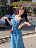 Blue Temperament Holiday Wind And Flowers Dress Women 2026 Summer New Thinch Waist Thin Atmosphere Long Dress