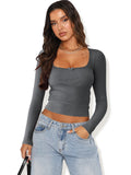 2025 New Long-Sleeved T-Shirt Women's Fashion Brand Slim Lace Spliced Hottie Top U Collar Thin Bottom Shirt