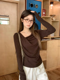 Coffee Color Korean Slanted Shoulder Collar Long-Sleeved T-Shirt 2026 Autumn Bottom Folded Thin Inside Top