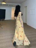 French Beautiful Yellow Lotus Edge V-Neck Crumbs Hanging Dress Women's Summer Super Good-Looking Dopamine Waist Dress