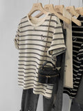 Crash Striped Short-Sleeved T-Shirt Women 2025 New Summer Loose Visky Retro Embroidery Top