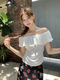 Pure Lustful Wind Shoulder-To-Shoulder Sexy Lotus Side Short-Sleeved T-Shirt Girl Summer New Waist Draw Folds Thin Top