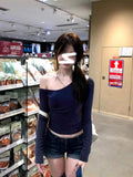 Pure Cotton Oblique Shoulder Collar Long-Sleeved T-Shirt Girl Early Autumn Sweet Hot Girl Folded Waist Short Hidden Blue White Top