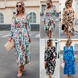 Dili Women's Clothing 2025 Autumn Holiday Leisure Print V Collar Long-Sleeved Dress