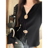 Black V-Neck Button Design Long-Sleeved T-Shirt Women Slimming Thin Flared Ins Temperament Top